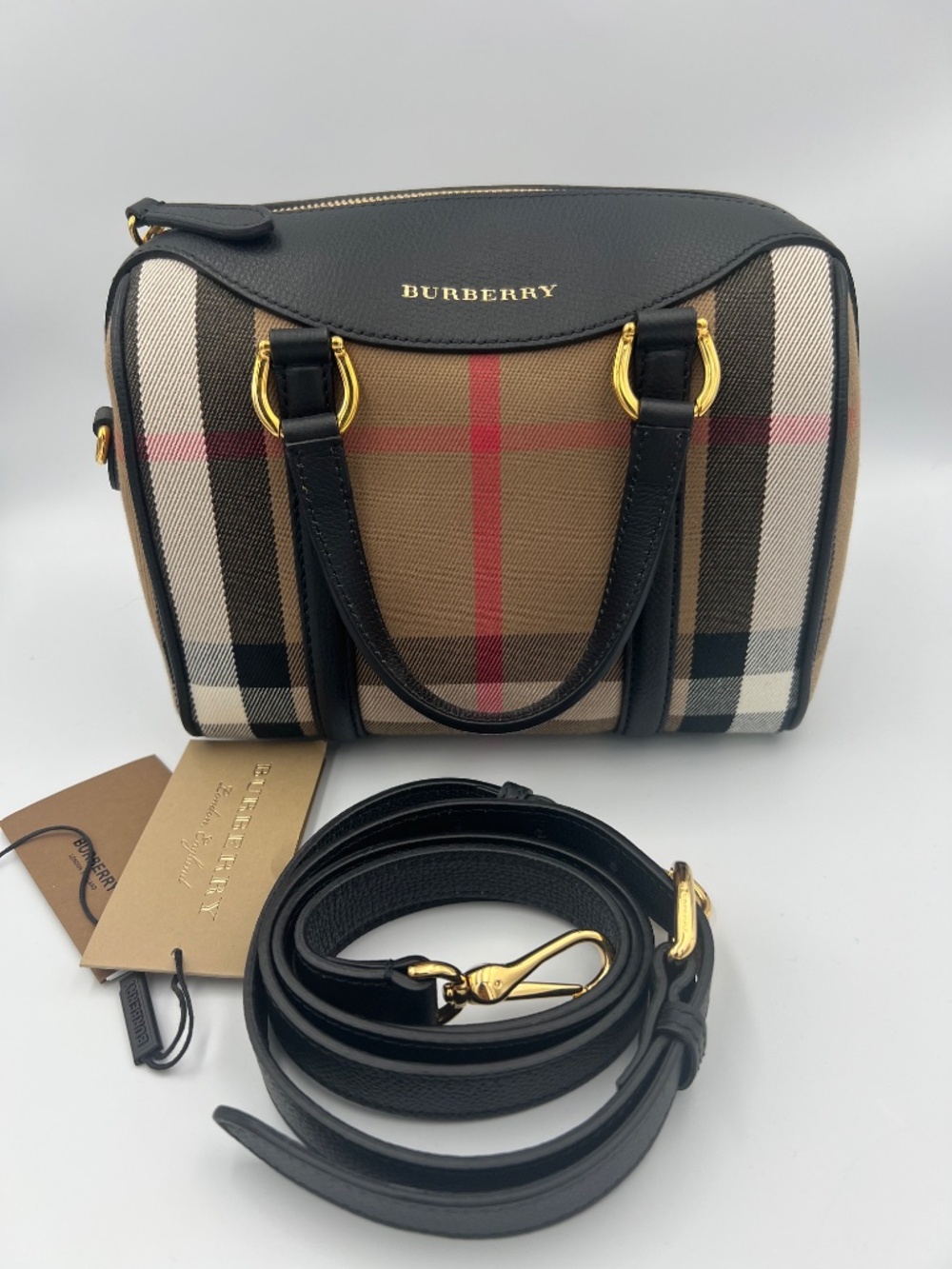 BURBERRY House Check Derby Calfskin Small Alchester Bowling Bag in Black - Picture 9 of 16